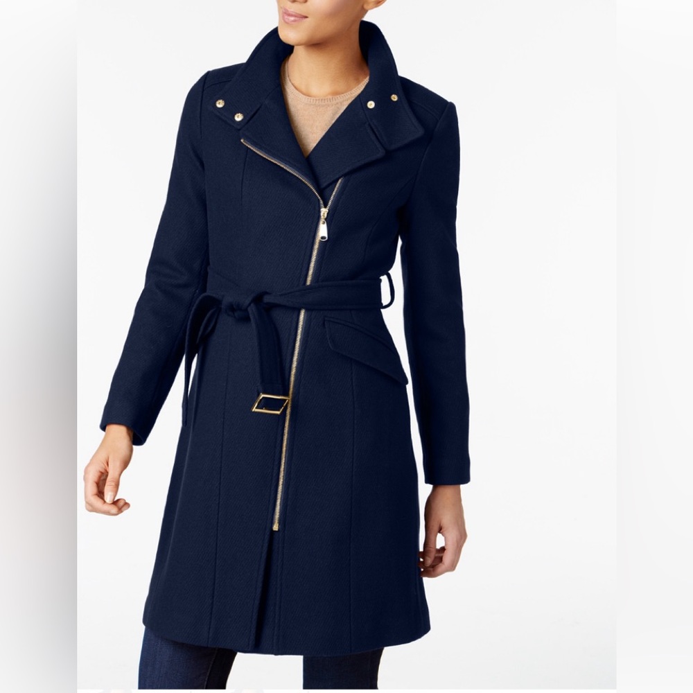 NWTS**Cole Haan Midnight Blue Wool Blend Asymmetrical Walker Coat Size 2 Petite